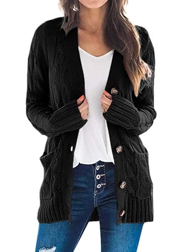 PRETTYGARDEN Women's Cable Knit Cardigan Sweaters Fall - color: Black, size: X-Large