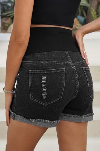BLENCOT Maternity Jean Shorts Over Belly Stretchy Fold Hem Denim Pants - color: Black, size: Medium