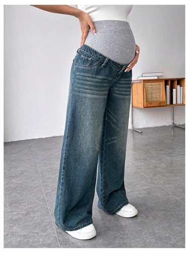 MakeMeChic Women's Maternity Jeans Wide Leg Over The Belly Denim Pant - color: Blue, size: Small