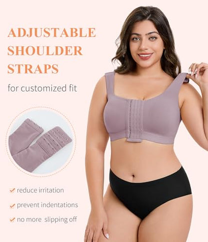 CYDREAM Wireless Front Closure Bra for Women Compression Back Smoothing Post Surgery Bra Adjustable Straps - color: Purple, size: 3X-Large