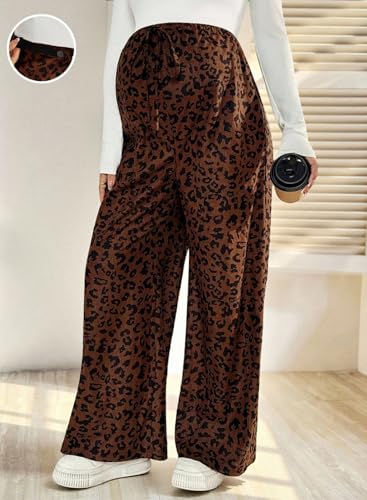 BLENCOT Maternity Pants Leopard Wide Leg Drawstring Pregnancy Trousers - color: Brown, size: Small
