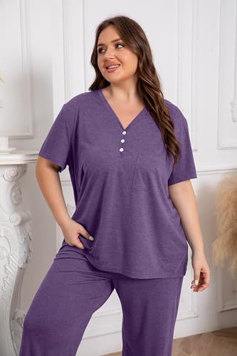 Vozanet Women's Plus Size Pajama Sets V Neck Pants Sets Solid Color Button Sleepwear Soft Loungewear Nighty with Pockets - color: Bright Purple, size: 3X-Large