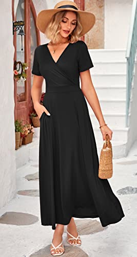 WNEEDU Women's Summer Maxi Dress Wrap Short Sleeve with Pockets - color: 0 Black, size: Large