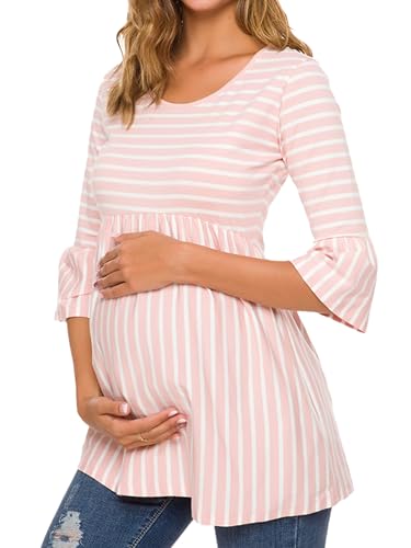 Ecavus Women's Maternity Shirt Striped Peplum 3/4 Sleeve Maternity Top - color: 02-pink White Stripe, size: X-Large