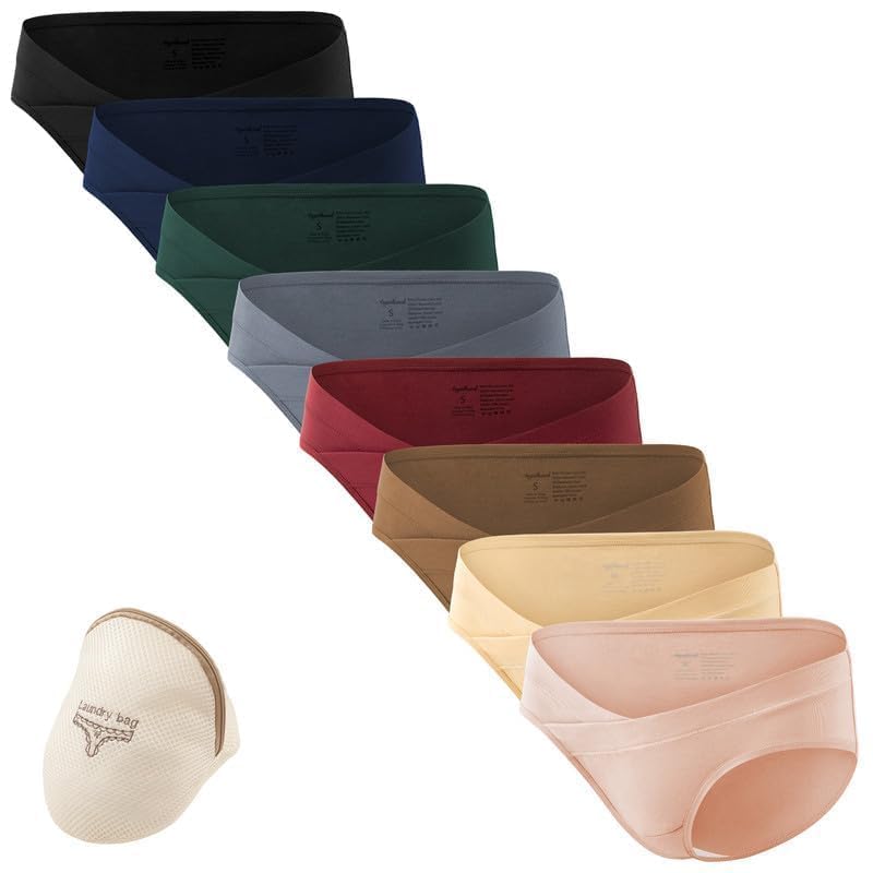 Angelhood Cotton Maternity Underwear Under Bump, Healthy Pregnancy Panties Postpartum Underwear 8 Pack with Laundry Bag - color: 8 Pack Multicoloured E, size: Medium