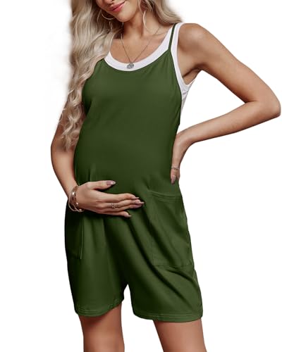 FMEYOA Maternity Romper Sleeveless Overall Shorts Jumpsuit with Pockets - color: Army Green, size: Medium