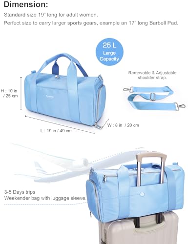 19" Blue Personal Gym Bag for Women,with Shoe Compartment & Wet Pocket - color: Blue, size: 19" Medium Size