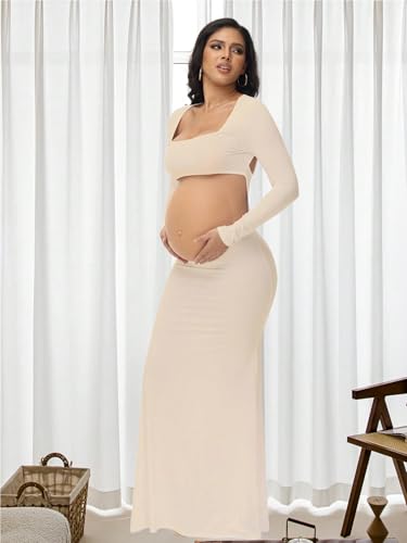Women's Maternity Elegant Fitted Maxi Dress for Photoshoot - color: Beige, size: Medium