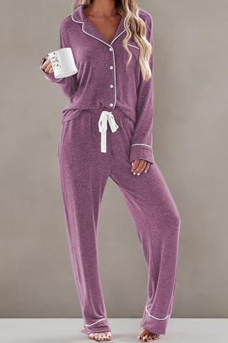 Ekouaer Women's Pajamas Long Sleeve Loungewear Casual Button Down Pjs - color: Cherry Red, size: XX-Large