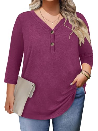 Womens Summer Plus Size 3/4 Length Sleeve Tops Button Down Shirts L-4XL - color: Red, size: XX-Large