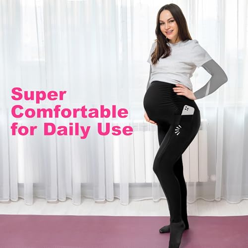 Maternity Leggings with Pockets, Over the Belly Pregnancy Yoga Pants - color: Dark Gray, size: Large