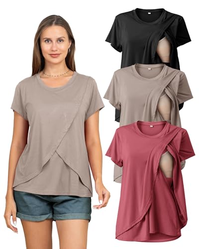 Rnxrbb 3 Pack Nursing Tops for Women Maternity Breastfeeding Shirts - color: Black&beige&deep Pink, size: Medium