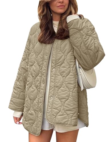 Flygo Womens Quilted Lightweight Jackets Oversized Puffer Coat with Pockets - color: Khaki, size: Small