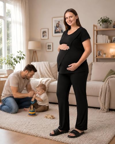 Rnxrbb 3 PCS Women Nursing Pajamas Set Postpartum Maternity Pj with Pockets - color: Black, size: Medium