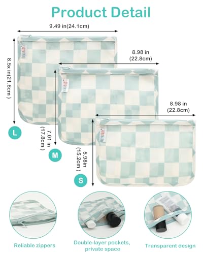 ALVA 3pcs Mess-Proof Travel Pouches,TSA Approved Toiletry Bag,Makeup Bag - color: Green grid