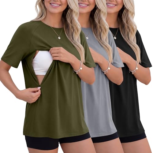 3 Pack Women's Oversized Nursing Tops - color: Army Green, Gray, Black, size: Large