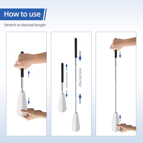 Shoe Horn Extra Long Handle, Telescopic Metal Adjustable Length 3" to 25"