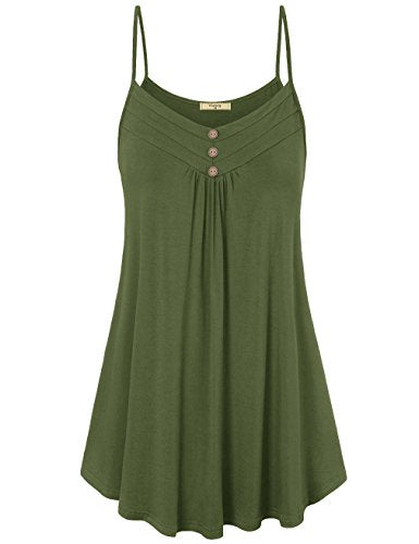 Viracy Women's Summer Button V Neck Pleated Spaghetti Strap Camisole Tank Tops (M-3XL) - color: Green, size: 3X-Large