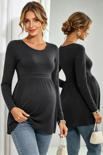 Women's Maternity Tops Pleated Waist Shirts Pregnancy Tunic Clothes - color: Deep Grey, size: Medium