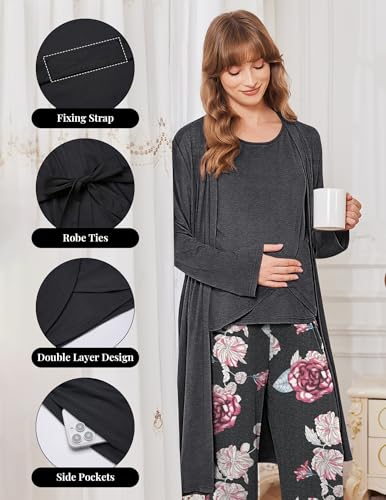 Ekouaer Maternity Pajamas Nursing Robe Set 3 Pieces Post Partum Lounge Sets - color: Medium Gray, size: Large