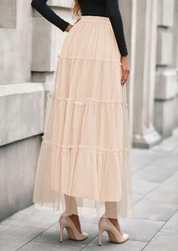PRETTYGARDEN Women's Fall Soft Tulle Tiered Long Skirt - color: Beige, size: Medium