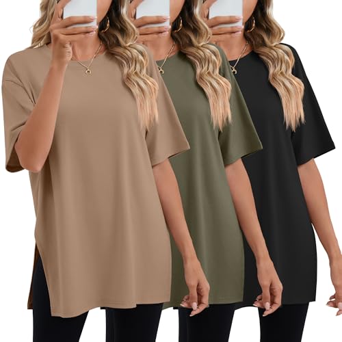 Huukeay 3 Pack Women's Oversized T Shirts Workout Tops - color: Black, Army Green, Coffee, size: Small