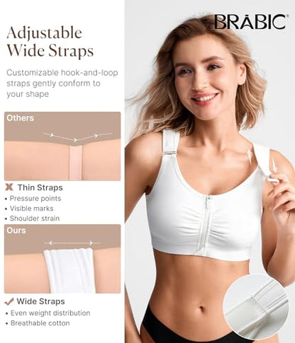 BRABIC Zip Front Closure Everyday Bras for Women Post Sugery Compression - color: White, size: X-Large