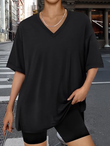 Trendy Queen Plus Size Oversized V Neck Tshirt Tops Workout Wear - color: Black, size: Large
