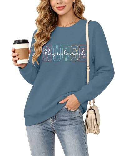 Registered Nurse Sweatshirt Women RN Nurse Long Sleeve Graphic Shirts - color: Blue, size: Large