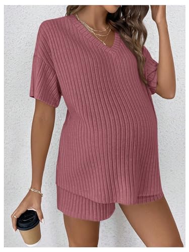 MakeMeChic Women's Maternity 2 Piece Sets Ribbed Shirt and Biker Shorts - color: Rusty Rose, size: Small
