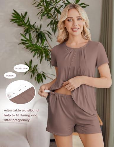 Ekouaer Women's Maternity Nursing Pajamas Set Breastfeeding Sleepwear Pjs - color: Brown, size: Large