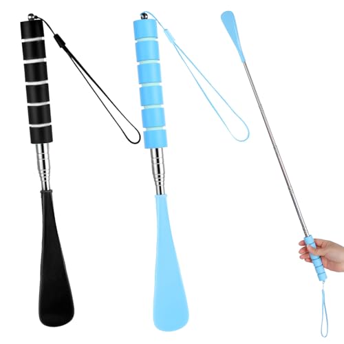 Ymapinc 2 Pack Shoe Horn Long Handle, Metal Telescopic Foldable Shoehorn - color: Black + Blue