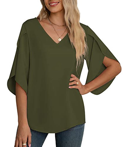 Jouica Women's 3/4 Ruffled Sleeve Blouses Summer Chiffon Casual Loose Tops - color: 01amy Green, size: Medium