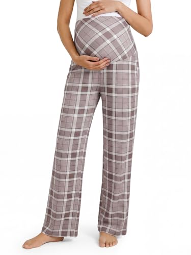 Summer Mae Viscose Maternity Pants Pregnancy Pajama Lounge Pant with Pocket - color: Grey Plaid, size: Medium