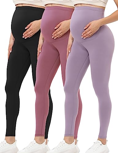 Buttergene 3 Pack Maternity Leggings with Elastic Band - color: 3pack Black/Dusty Pink/Lunar Rock, size: Medium
