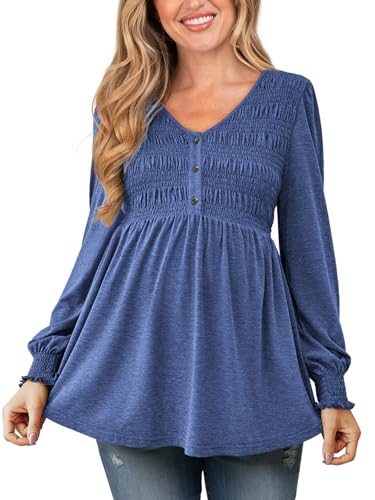 FMEYOA Maternity Tops V Neck Puff Sleeve Smocked Button Maternity Shirts - color: Blue, size: Small