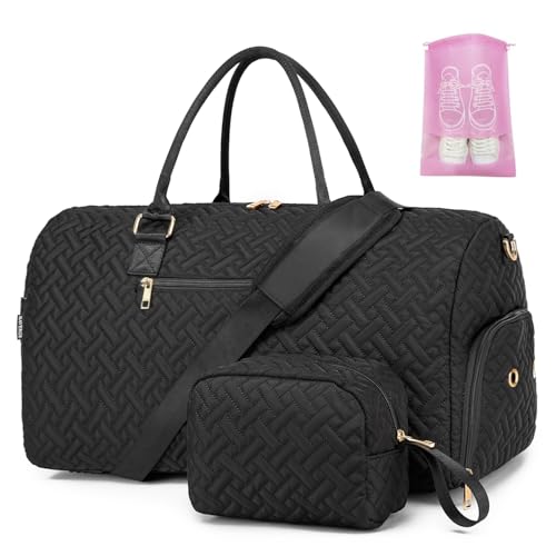 Duffle Bag for Travel, Weekender Bag with Shoe Compartment, Carry On Overnight Bag for Women with Toiletry Bag, 50L Gym Bag with Wet Pocket, Hospital Bags for Labor and Delivery Pink - color: Black, size: Regular
