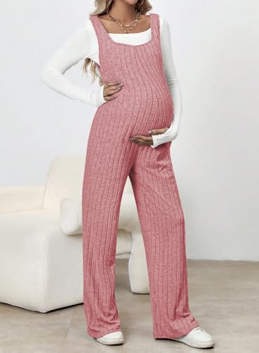 BLENCOT Maternity Jumpsuit Sleeveless Square Neck Wide Leg Pants Romper - color: Dusty Pink, size: Small