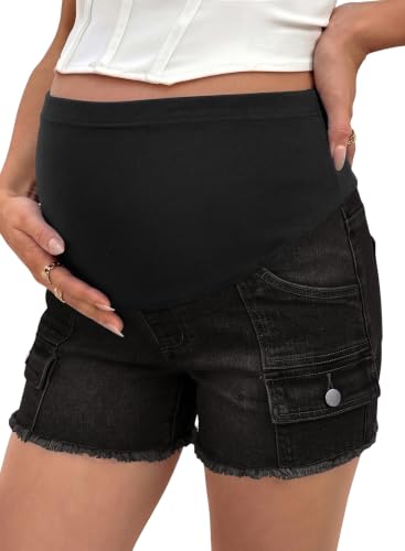 BLENCOT Maternity Denim Cargo Shorts Over Belly Soft Stretch Frayed - color: Black, size: Small