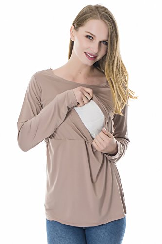 Smallshow Women's Nursing Tops Long Sleeve Breastfeeding Shirts 3 Packs - color: Brown-deep Green-white Stripe(3 Packs), size: Large
