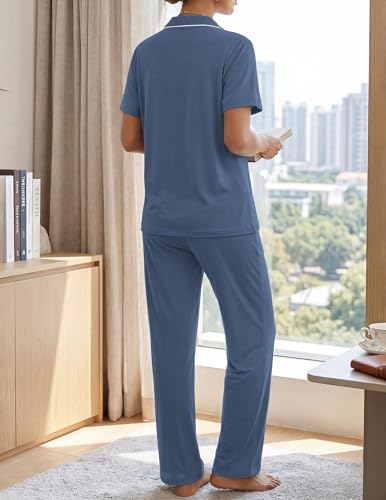 Womens Pajamas Sets 2 Piece Button Up Pj Sets Short Sleeve with Long Pant - color: Denim Blue, size: Medium