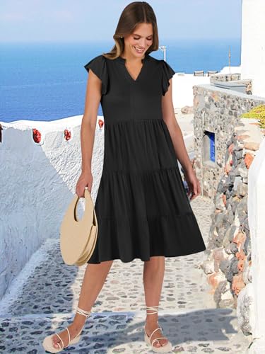 ANRABESS Womens Summer Dress Ruffle Sleeve V Neck Midi Dresses - color: Black, size: X-Large