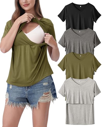 Rnxrbb 4 Pack Nursing Tops for Women Postpartum Breastfeeding Shirts - color: Black&flecking Grey&light Gray&army Green, size: X-Large