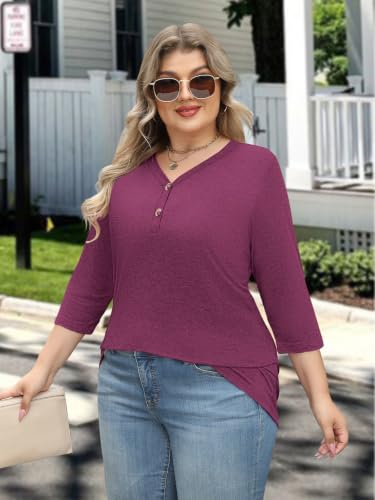 Womens Summer Plus Size 3/4 Length Sleeve Tops Button Down Shirts L-4XL - color: Red, size: Large