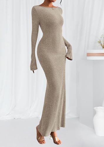 PRETTYGARDEN Women's Fall Long Sleeve Bodycon Maxi Dresses - color: Apricot, size: Small