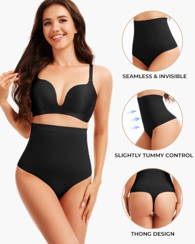 Seamless High Waisted Tummy Control Shapewear Thong - color: 2pack-black, size: Medium