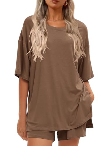 Women's 2 Piece Short Sets Loose Lounge Sets Oversized Summer Matching Sets - color: Coffee, size: XX-Large