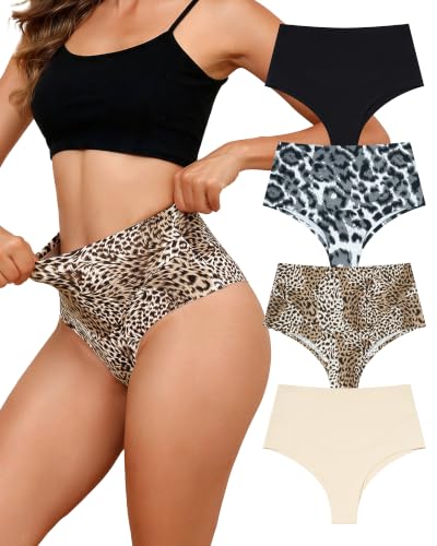 LEVAO 4-Pack Women Tummy Control Thong High Waist Seamless Underwear S-XXL - color: Black, Nude, Cool Gray Leopard Print, Caramel Leopard Print, size: Large
