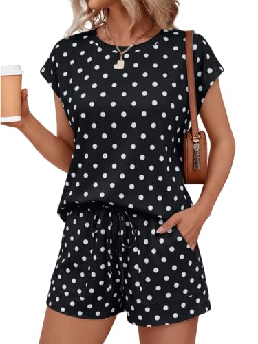 AUTOMET Womens 2 Piece Summer Matching Lounge Short Sets with Pockets - color: Black Polka Dot, size: Small