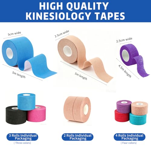 9 Rolls Kinesiology Tape, Multicolor Athletic Support Bandage Wrap, Elastic